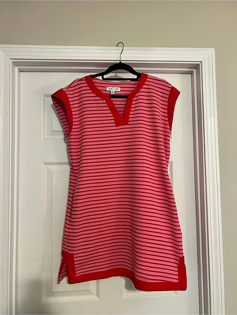 She + Sky Striped V-Neck Top Pink & Red Medium